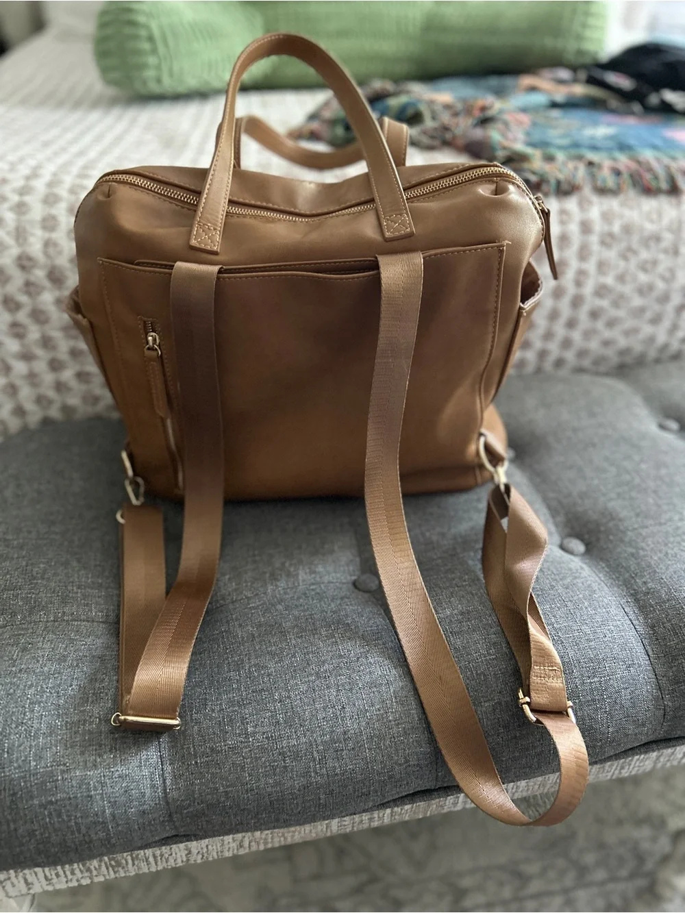 Convertible Baby Bag Tote in Tan Leather-Style Finish